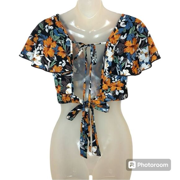 SHEIN Floral Print Tie Back Crop Blouse Size XS - Picture 3 of 7